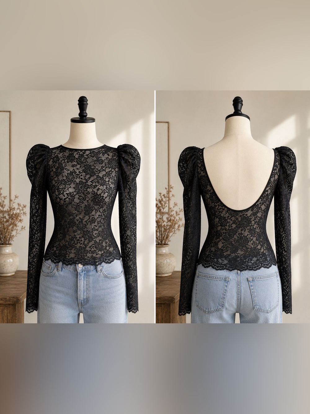 Wilfred Aritzia Y2K Black Lace Puff Sleeve Scoop Back Top | Medium